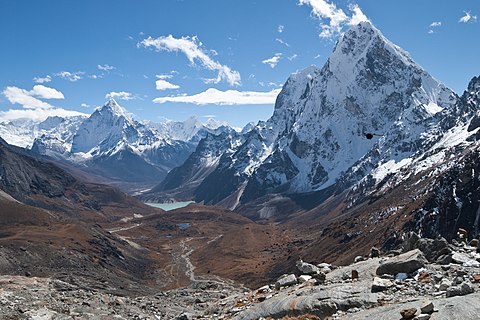 View of Cholatse, Ama Dablam and other peaks to the south of the Great Himalayan Range in Mahalangur Himal.